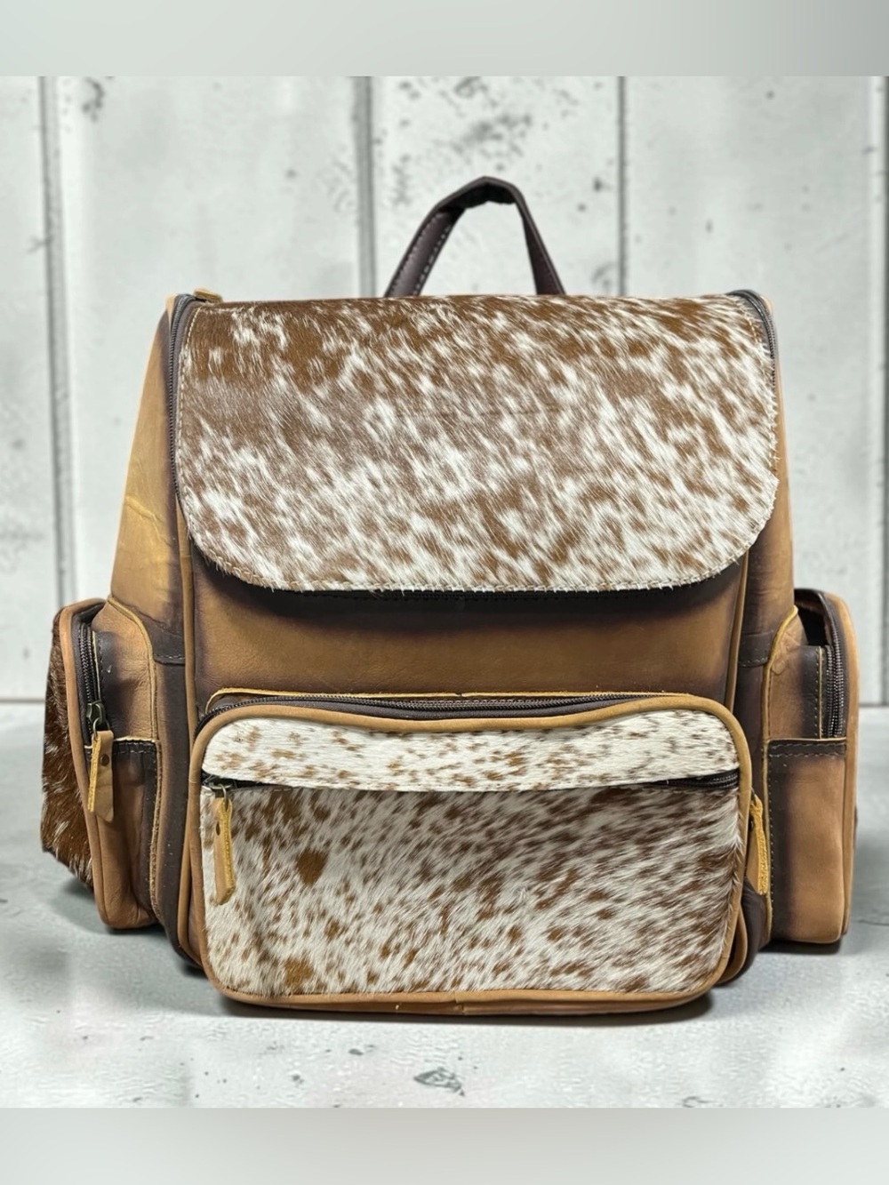 Genuine Cowhide Leather Backpack – Handmade Western Hair-On-Hide Backpack, Rusti